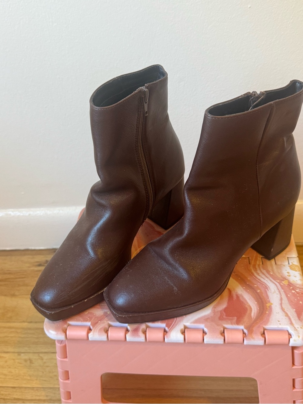 Chinese Laundry Dark Brown Square Toe Block Heel Ankle Boots